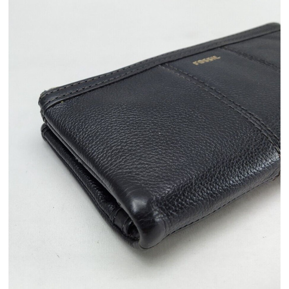 Fossil Black Pebbled Leather Zipper Closure Credit Card ID Window Bifold Wallet - Picture 14 of 15